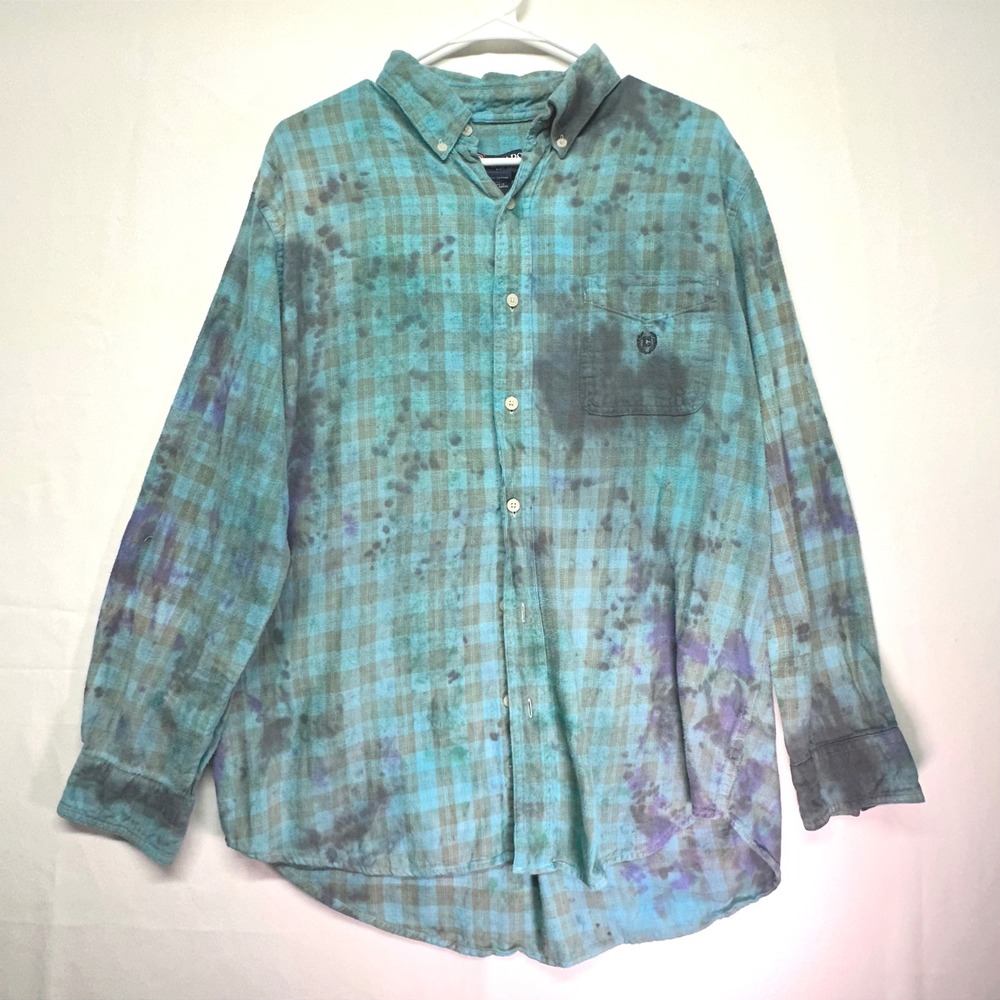 Chaps Monet Teal Green Blue Plaid OverDye Flannel Shirt Button Down Men's L